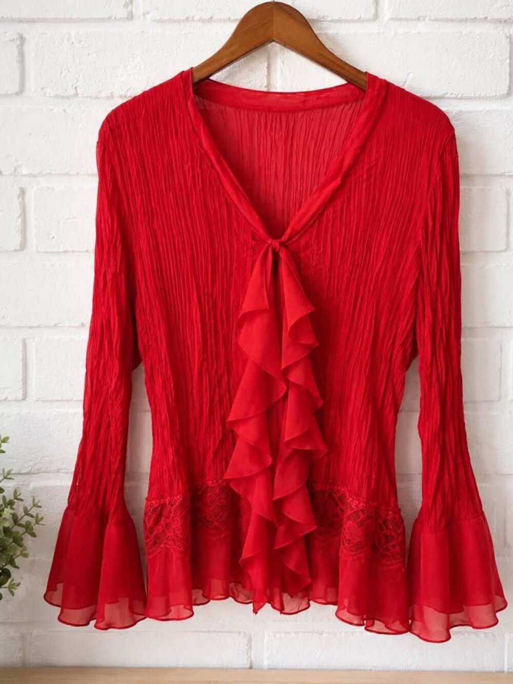 Red Ruffle & Lace Statement Blouse | Size XL